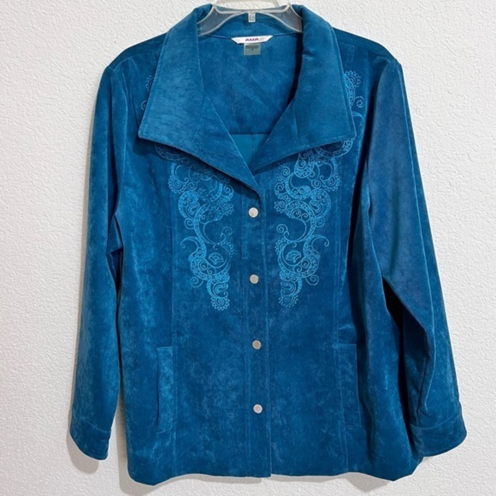 Alia Teal Micro Corduroy Embroidered Snap Front Jacket 16